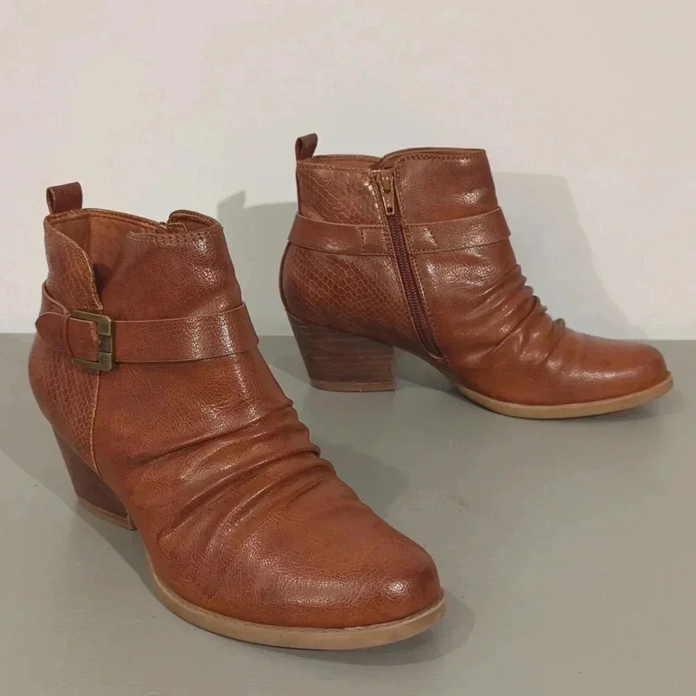BareTraps Brown Leather Ankle Booties with Decorative Buckle